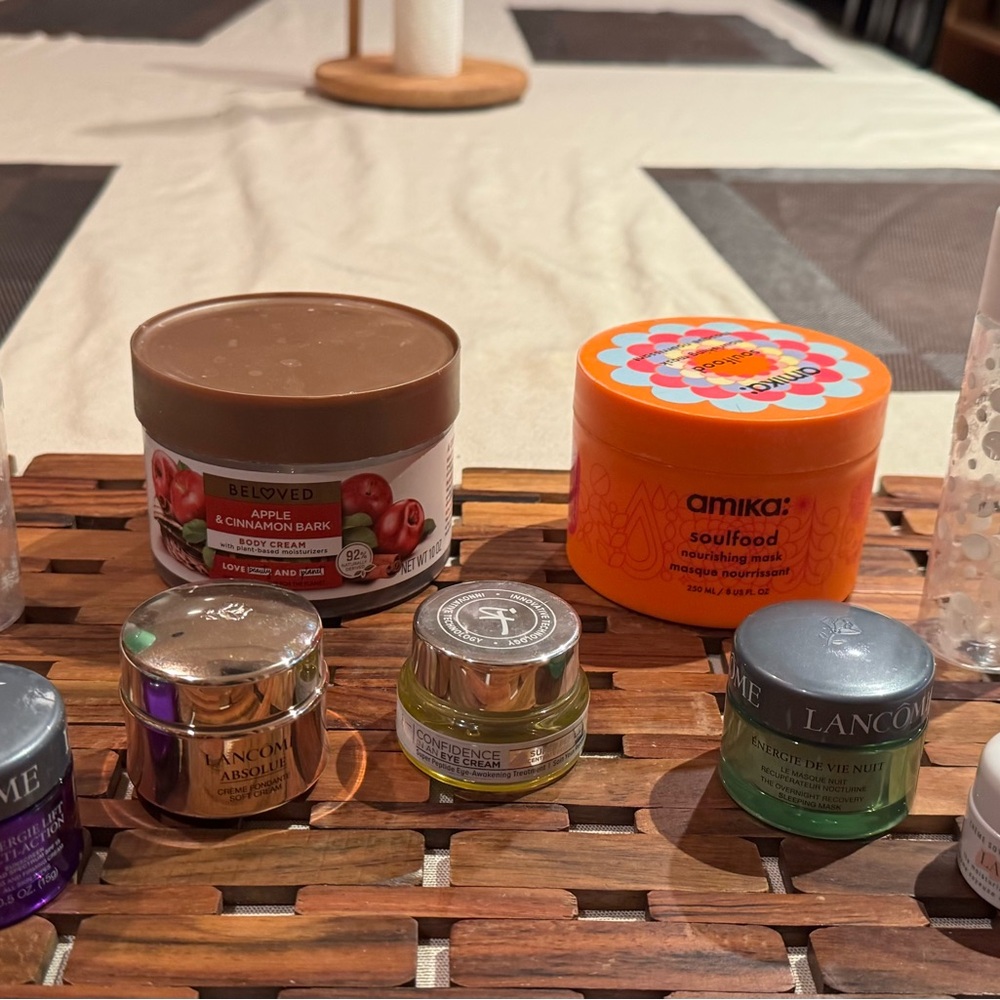 9 empty cosmetic containers: 2 glass ones & 7 plastic ones, variety of sizes